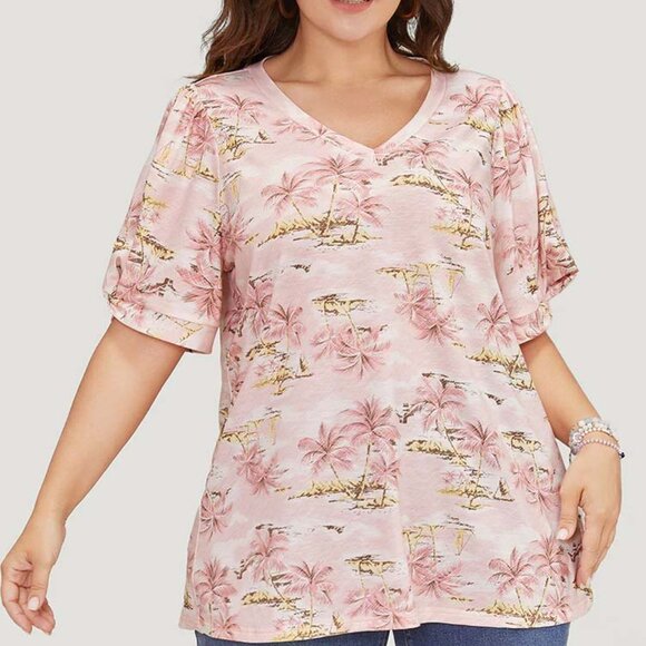 Coconut Tree Print Gathered Twist Sleeve T-shirt - Picture 1 of 8